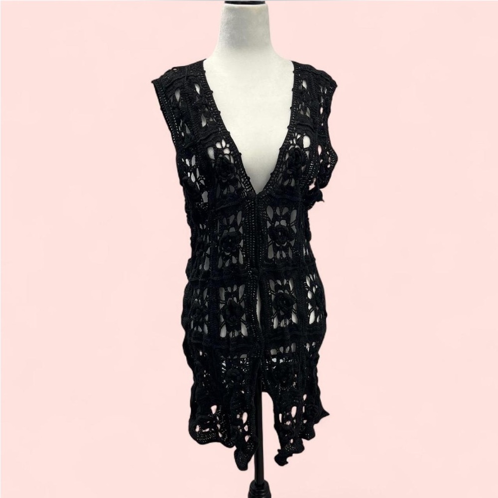 Black Floral Crochet Vest